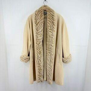Ashley Scott 90s Cream Wool Blend Faux Fur Trim Open Front Swing Coat L XL Glam